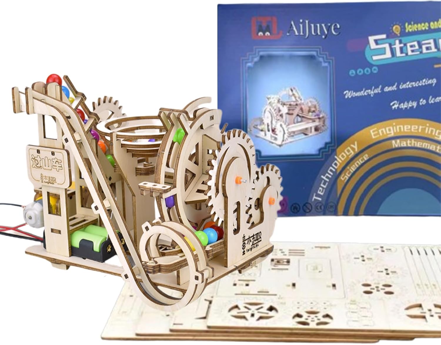 3D Wooden Roller Coaster Puzzle Motorized Marble Run Construction Kit with Gears and Tracks Mechanical Model Kit Laser Cut Wooden Pieces (Ages 14+)