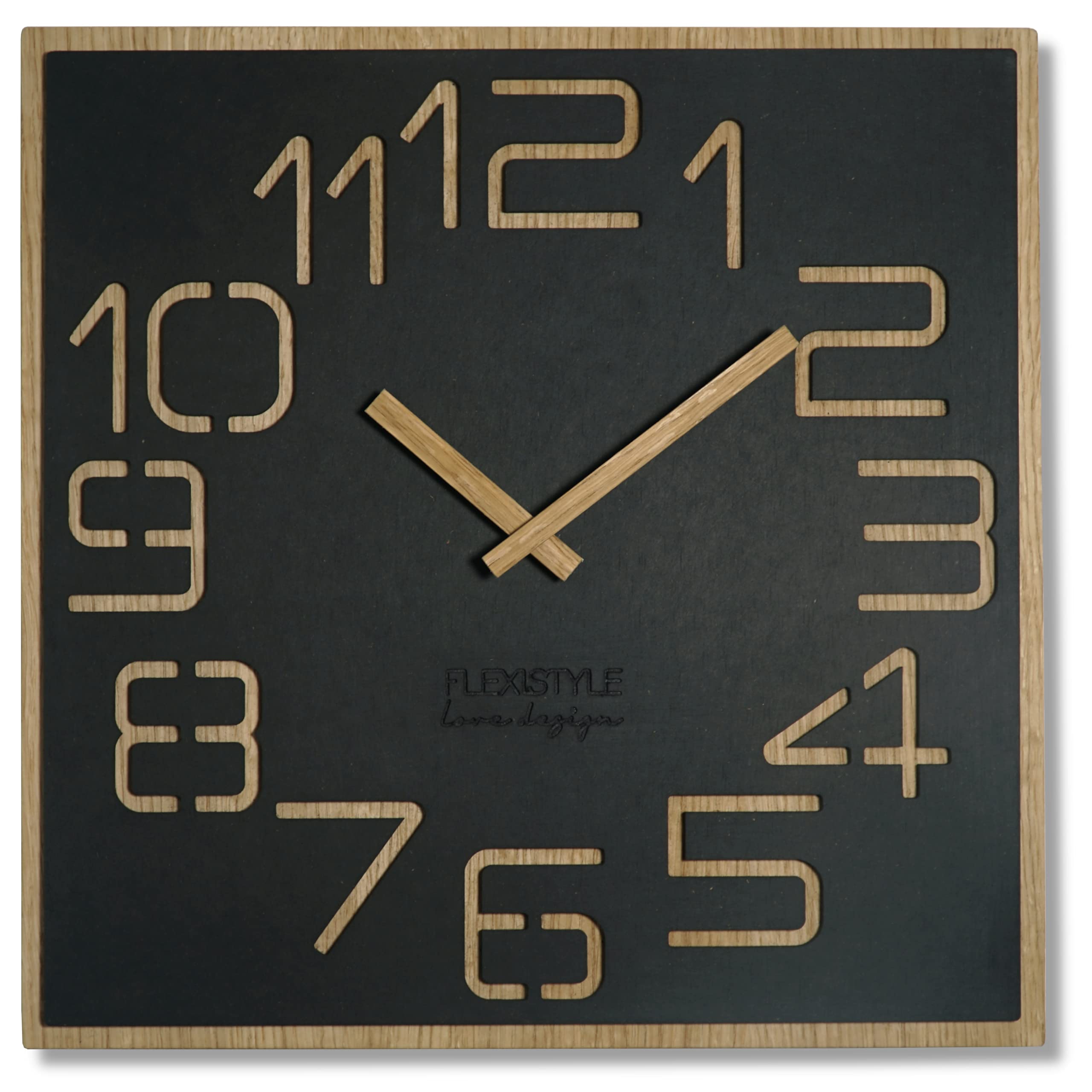 Orologio da parete grande effetto legno Digits ECO, quadrato, silenzio, soggiorno, camera da letto, prodotto in UE (nero, 40 cm)