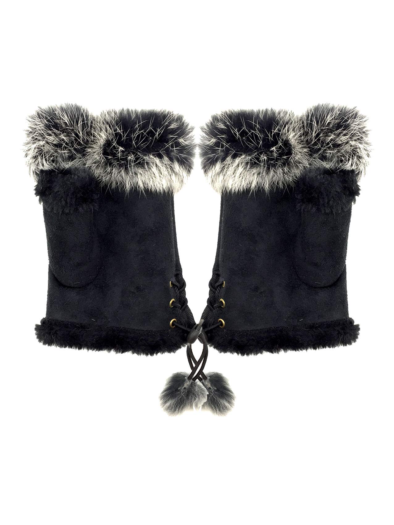 Finecy In NEW Womens Ladies Fluffy Fur Fingerless Gloves Mittens Micro Suede Fur Lined Soft Warm Winter Black
