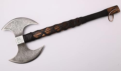 Vista 14 de Hacha barbuda vikingo auténtica, acero al carbono 1095, dureza RC 55-58, incluye cubierta de cuero, 21.6 pulgadas