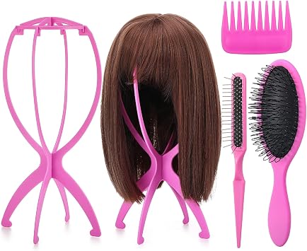 ProSuites 2 Pack Pink Wig Head Stand with 3 PCS Wig Brush Comb, Travel Wig Holder Comb Set for for Women Multiple Wigs