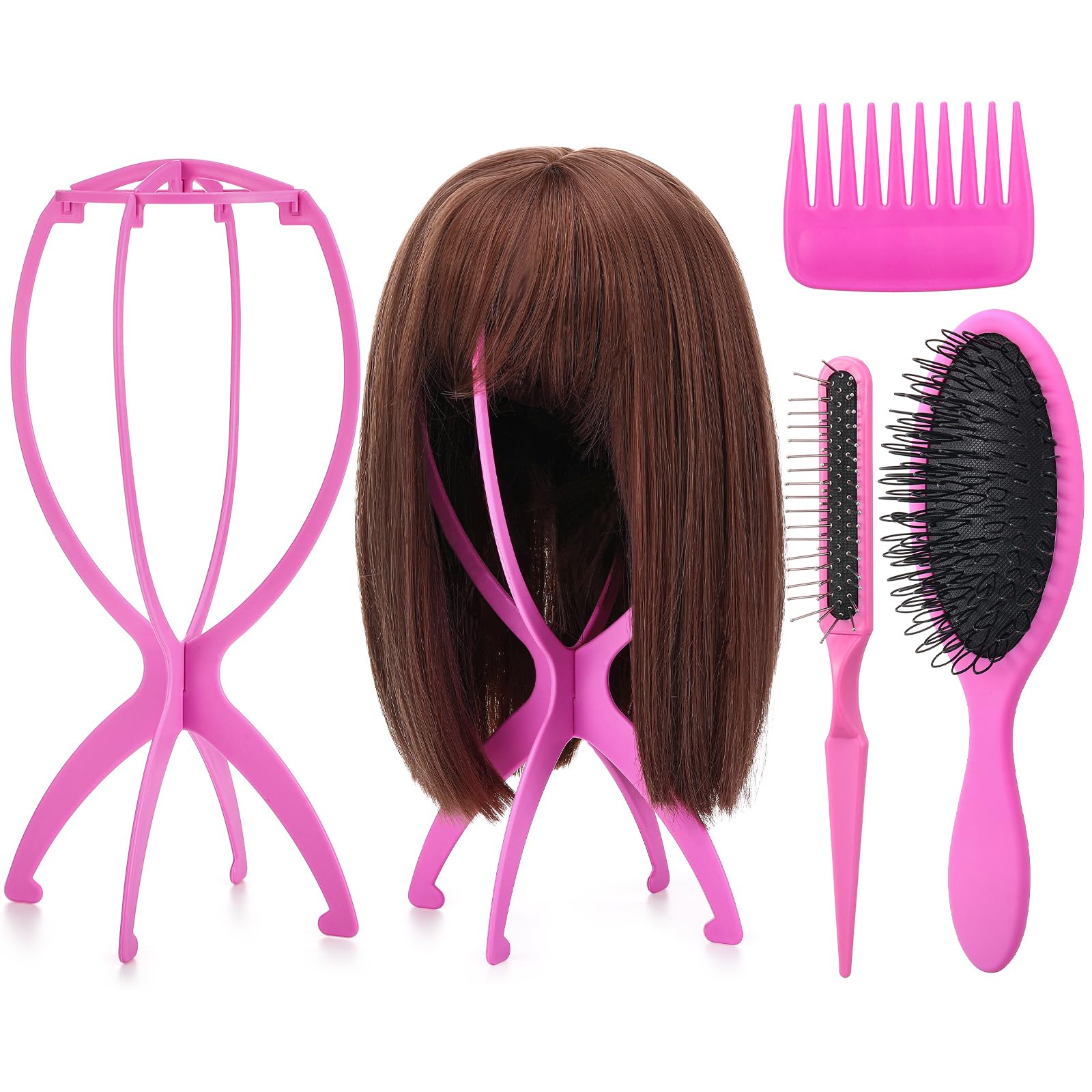 ProSuites 2 Pack Pink Wig Head Stand with 3 PCS Wig Brush Comb, Travel Wig Holder Comb Set for for Women Multiple Wigs