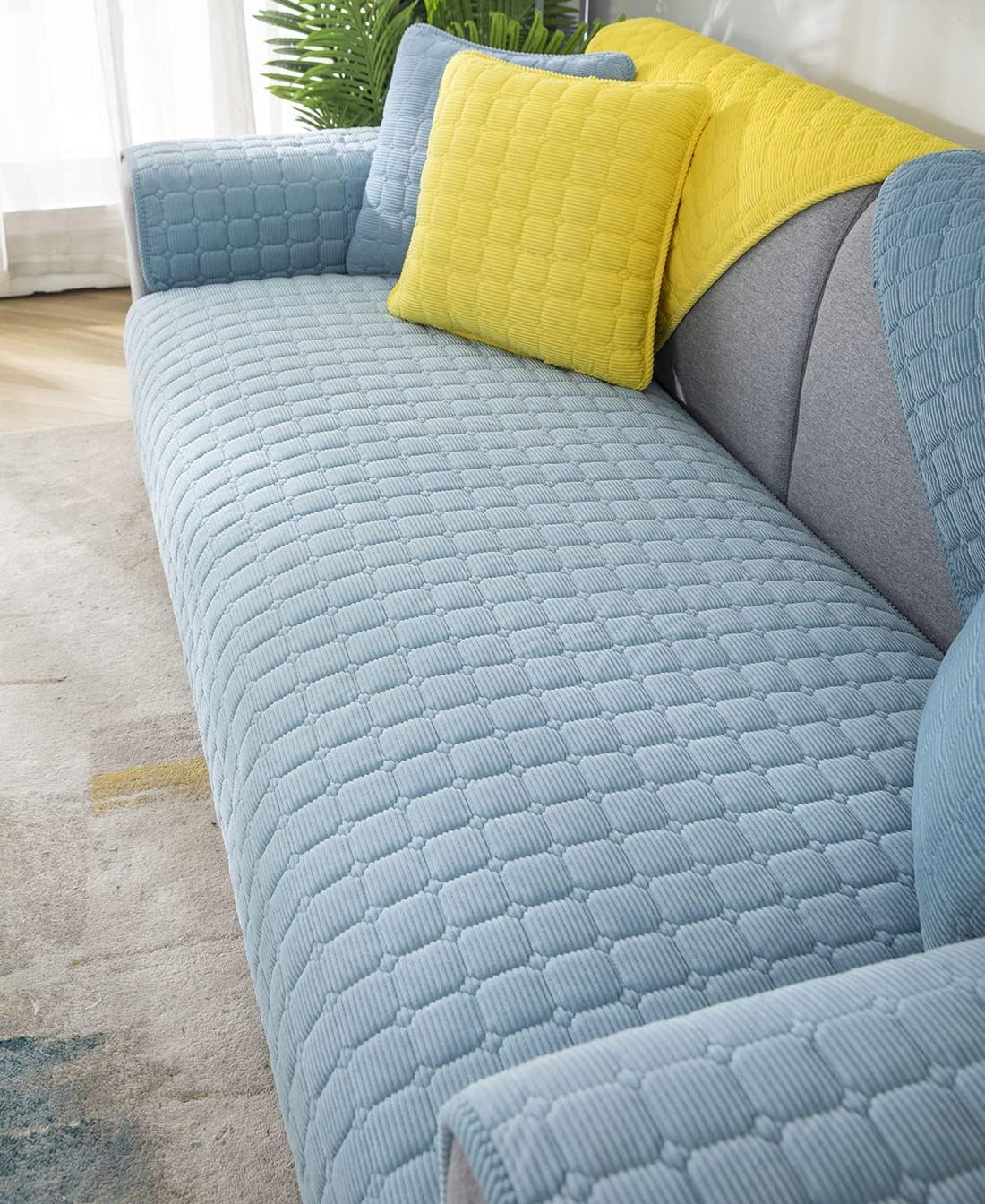 vctops Soft Corduroy Plaid Sectional Couch Covers Non Slip Quilted Sofa Couch Covers Sofa Slipcover for Dogs Cats Pet Love Seat Recliner Leather L Shaped, Armrest Backrest Cover(Sky Blue,43"x94")