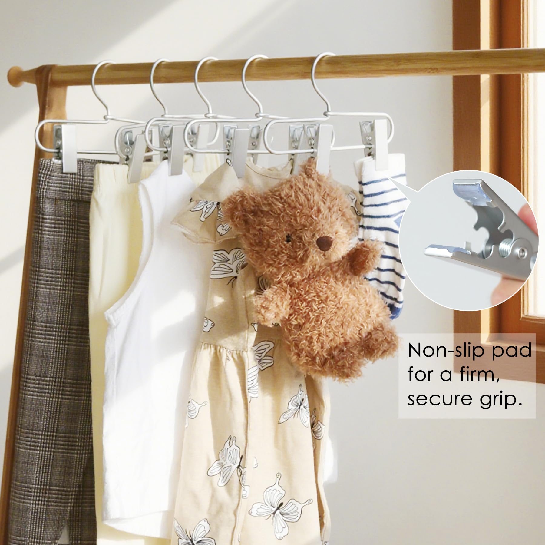 SHIMOYAMA Grucce appendiabiti per bambini con clip, antiscivolo e regolabili, confezione da 6 pezzi, in alluminio (18 cm), piccole grucce per vestiti per neonati e animali domestici