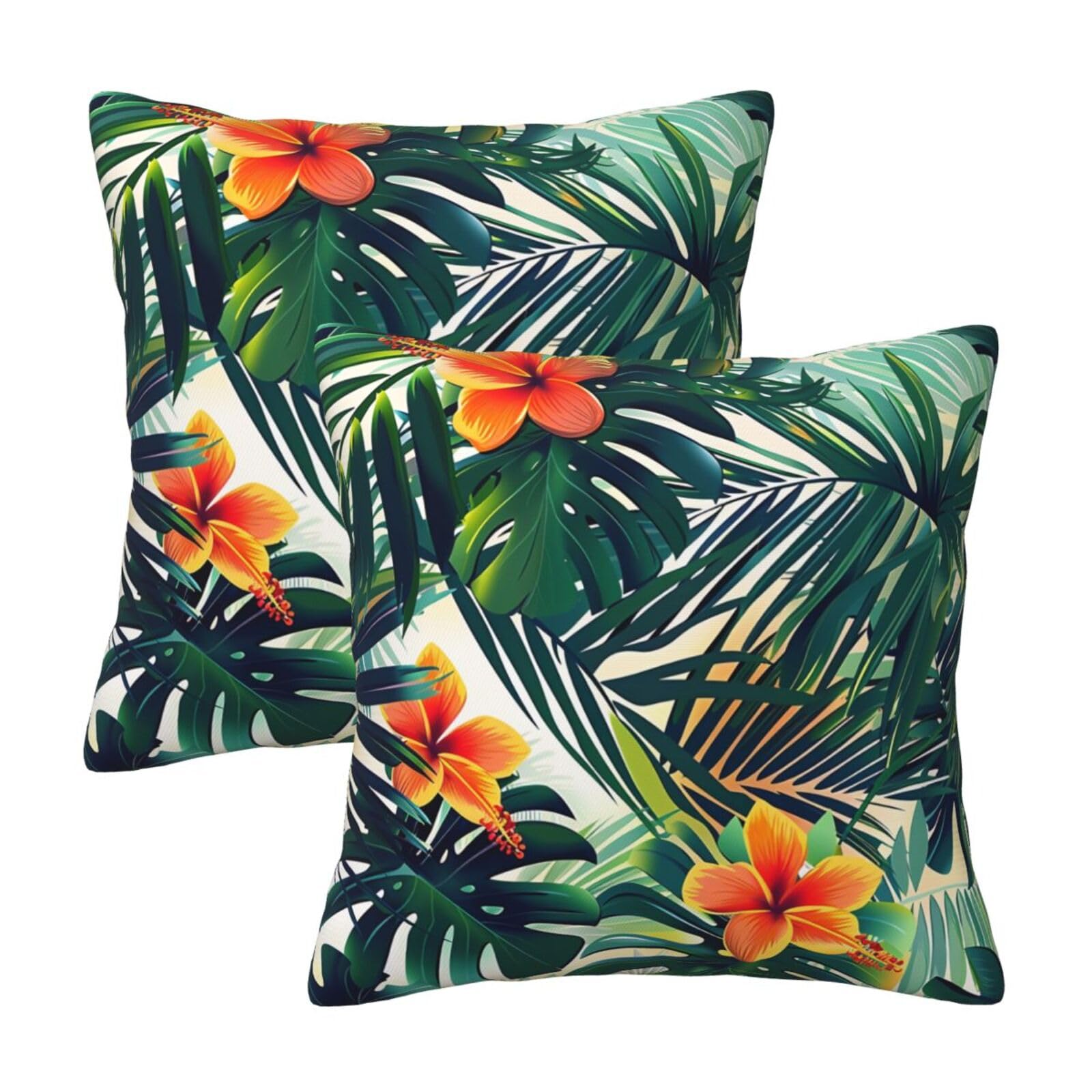 kkvhhyuo Tropical Summer Hawaiian Flower Palm Leaves Print Pillow Covers Set of 2, Square Decorative Cushion Covers with Hidden Zipper, Throw Pillow Cases for Living Room Sofa Bed Chair, 45x45 cm