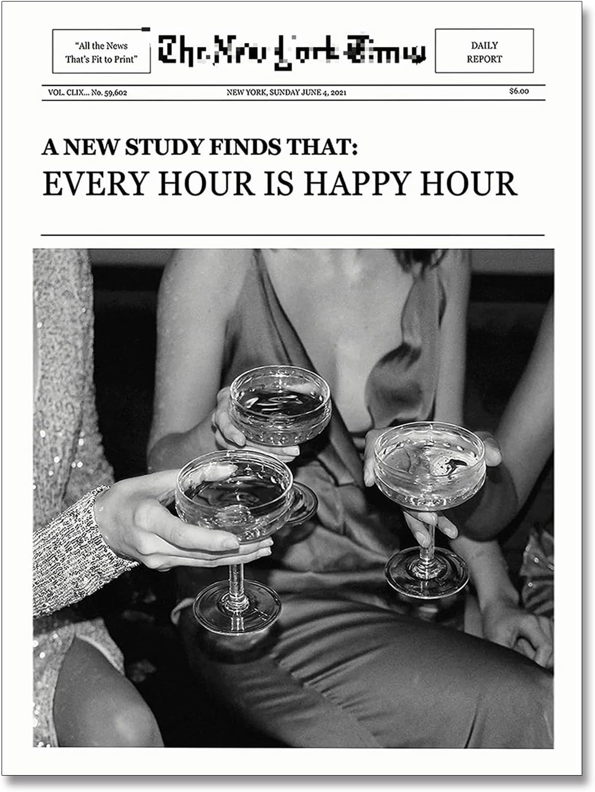 CmoqtivVintage Trendy Newspaper Black White Girls Cocktail Cheers Canvas Wall Art, Headline Print Every Hour is Happy Hour Poster, It Girl Dorm Retro Wall Art for Party Room Bar Cart Decorate
