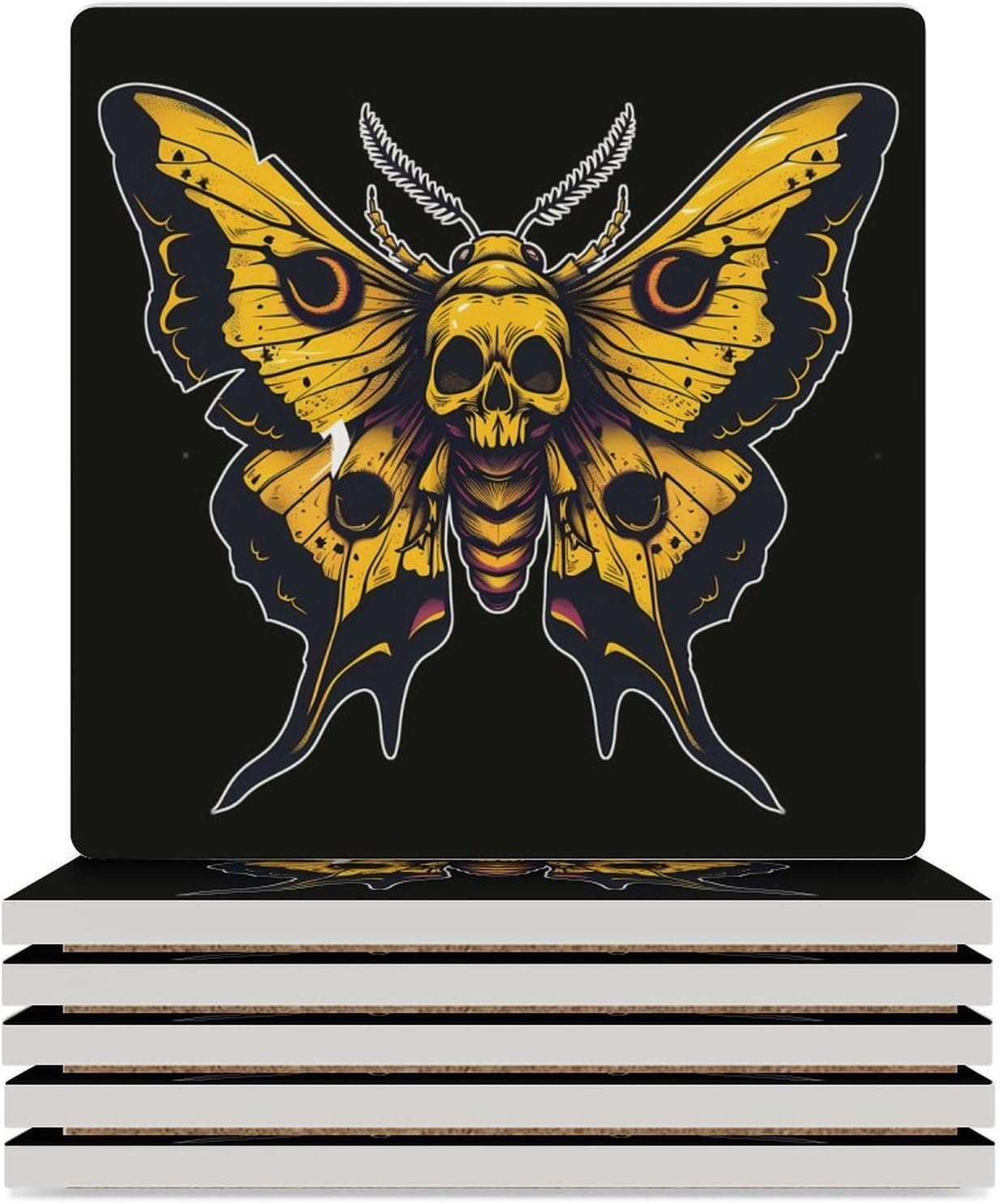 Death's Head Moth Coaster for Drinks Square Ceramic Table Coasters Stone Mat Crafts 4PCS Home Kitchen Decor