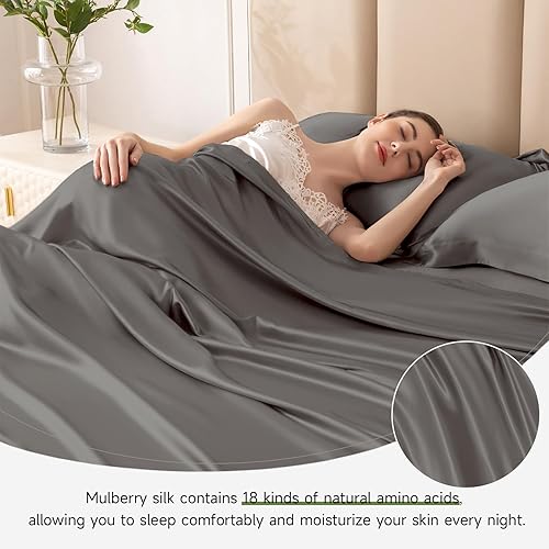 Miniatura 6 de THXSILK Juego de sábanas de seda de 4 piezas, 22 momme 100% seda de morera natural de grado superior, juegos de ropa de cama de lujo, ultra suaves y