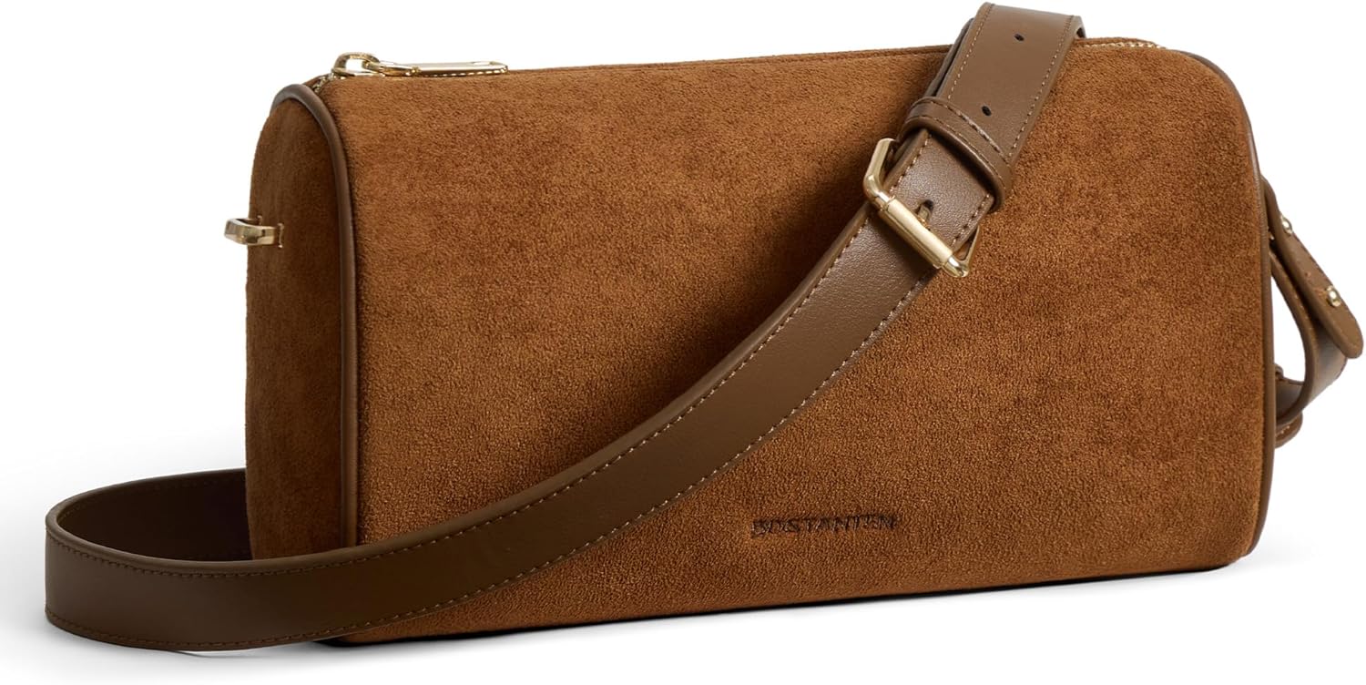 BOSTANTEN Crossbody Purses for Women Suede Leather Shoulder Purse Handbags Vintage Barrel Bag with 2 Adjustable Strap