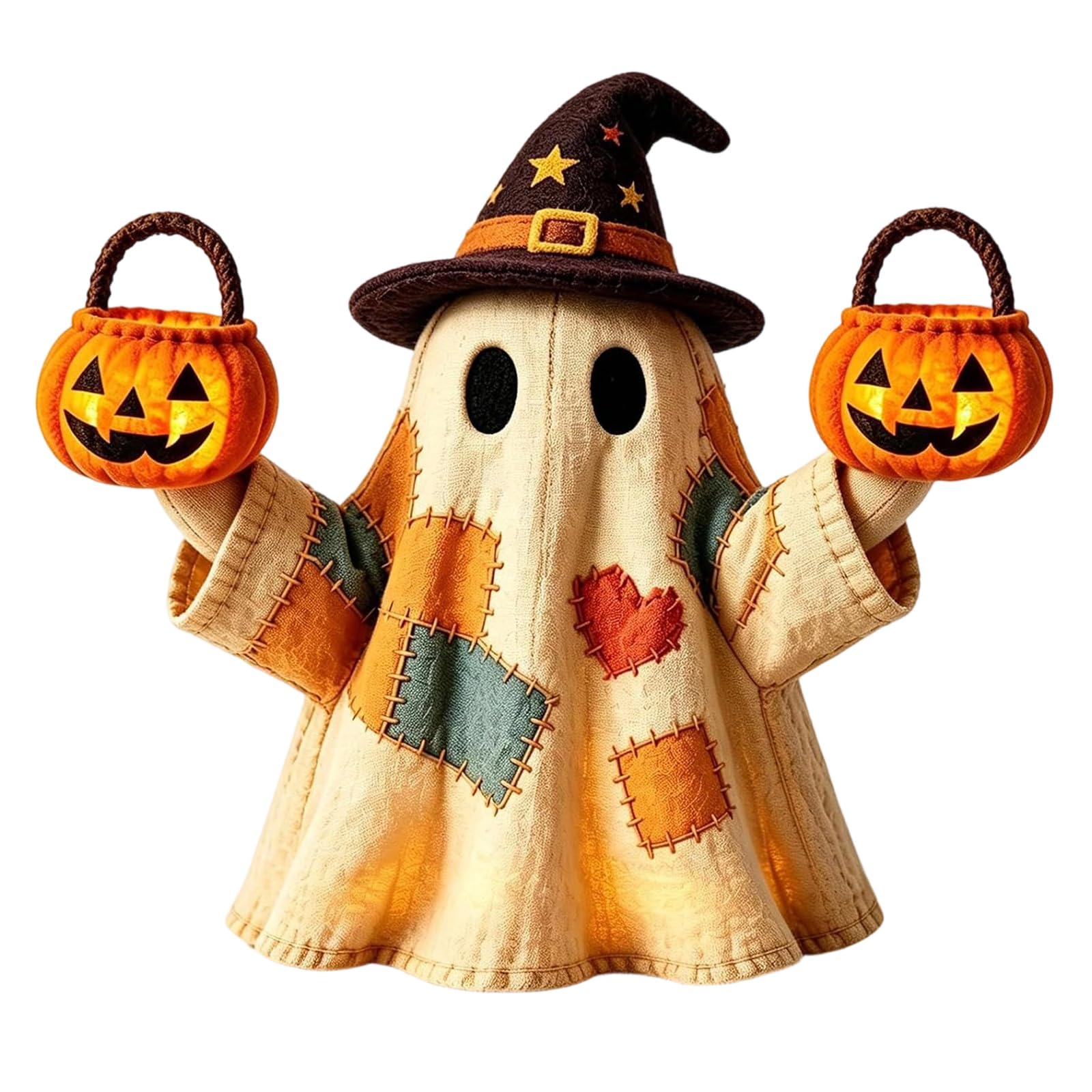 NRGQAXM Lighted Vintage Patchwork-ghost, Resin Patchwork Ghost-figurine with Pumpkin Farmhouse Vintage Halloween Figurine Light-up Halloween Pumpkin Ghosts-statue for Tabletop Decor