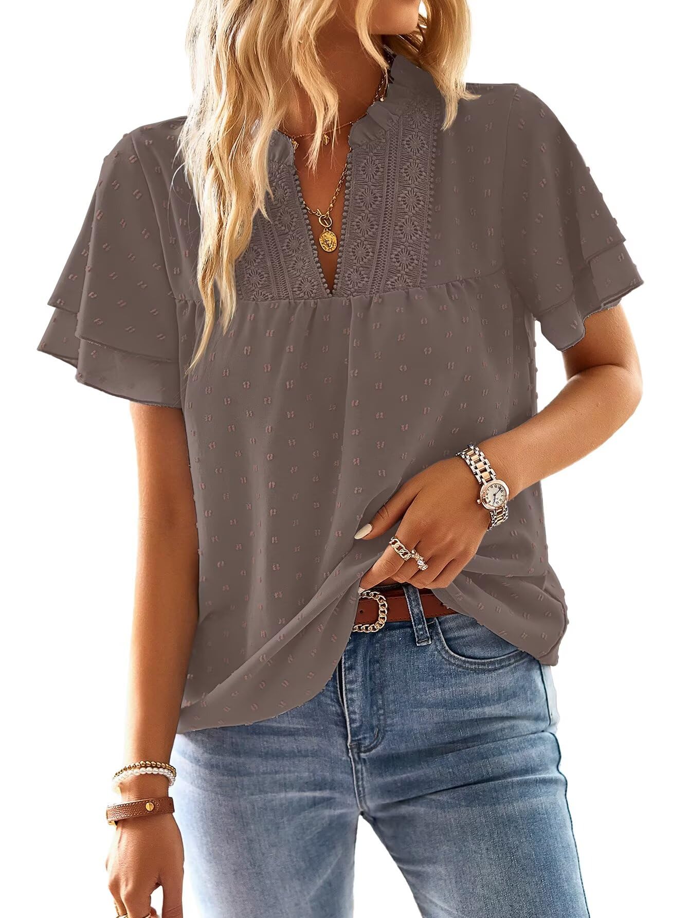 TUUHAW Top Damen Sommer Boho Bluse Kurzarm Oberteile Fließend Elegant V-Ausschnitt T Shirt Lässig Outfits Spitze Kleidung