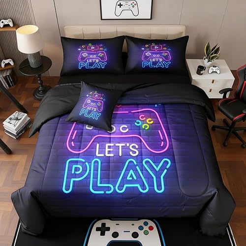 NINENINE Gaming Bedding Sets for Boys,Full Size Comforter Sets for Boys,6PCS Gaming Bedding Bed in A Bag Gaming Comforter Sets(1Comforter,1Flat Sheet,1Fitted Sheet,1Cushion Cover,2Pillowcases)