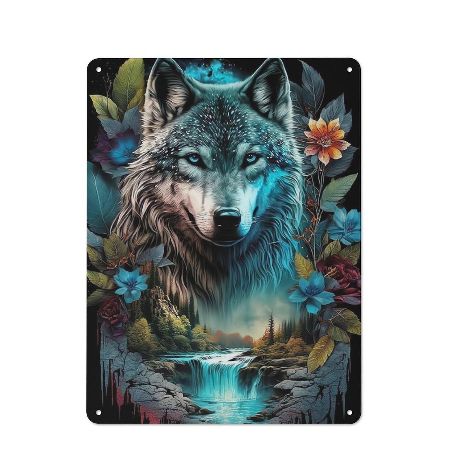 Junmoney Mandala Jungle Wolf Metal Wall Sign 40X30cm Featuring For Café Or Restaurant, For An Autumn Wall Display In Café And Restaurant