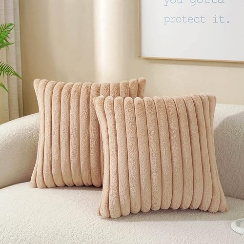 Miniatura 2 de AmHoo Paquete de 2 fundas de almohada decorativas de piel sintética de conejo, acogedoras fundas de terciopelo súper suaves y mullidas a rayas, para