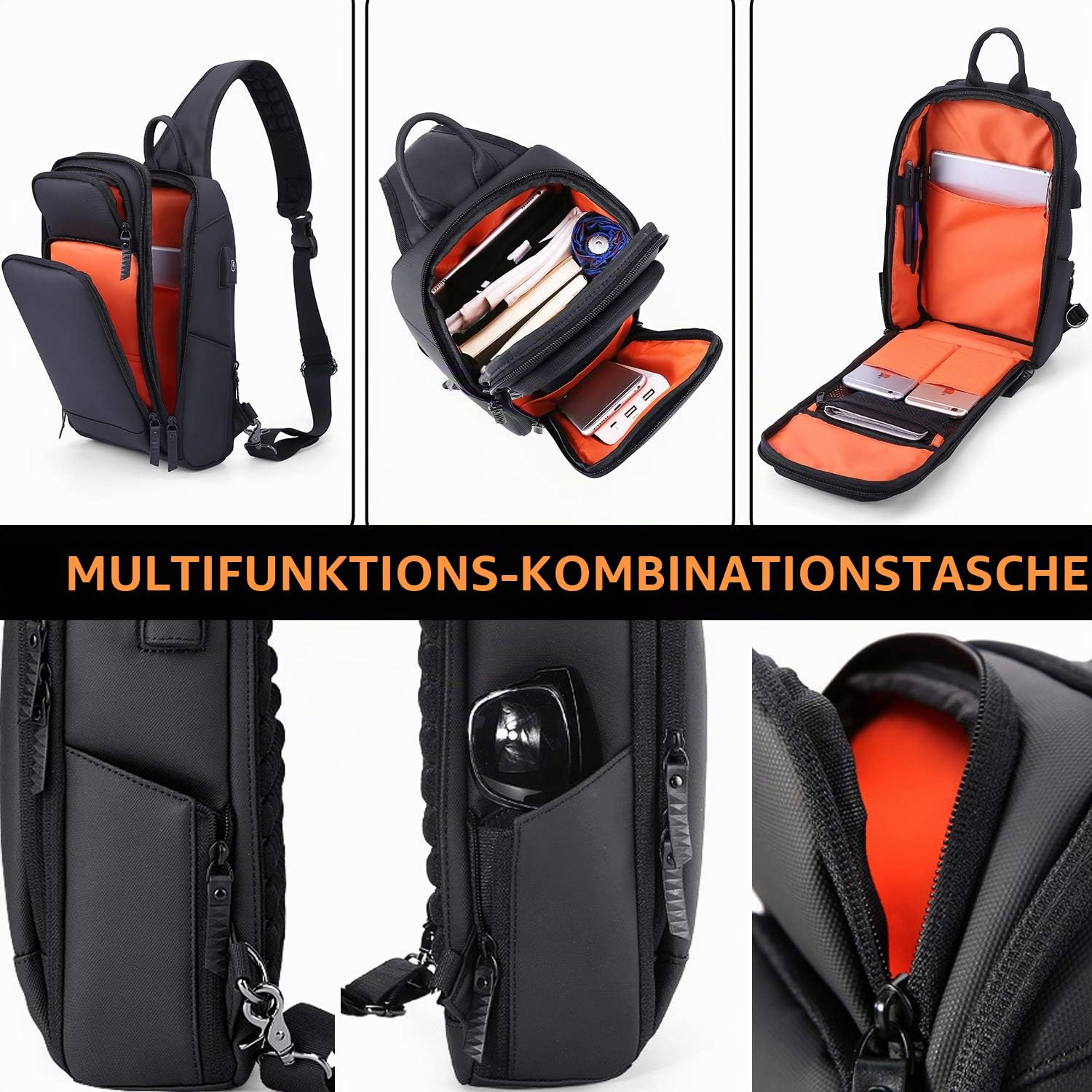 FANDARE Herren Brusttasche Schultertasche Sling Bag Rucksack mit USB Umhängetasche Grosse Kapazität Sporttasche für Wandern,Abenteuer,Sport, Reisen Wasserdicht Polyester