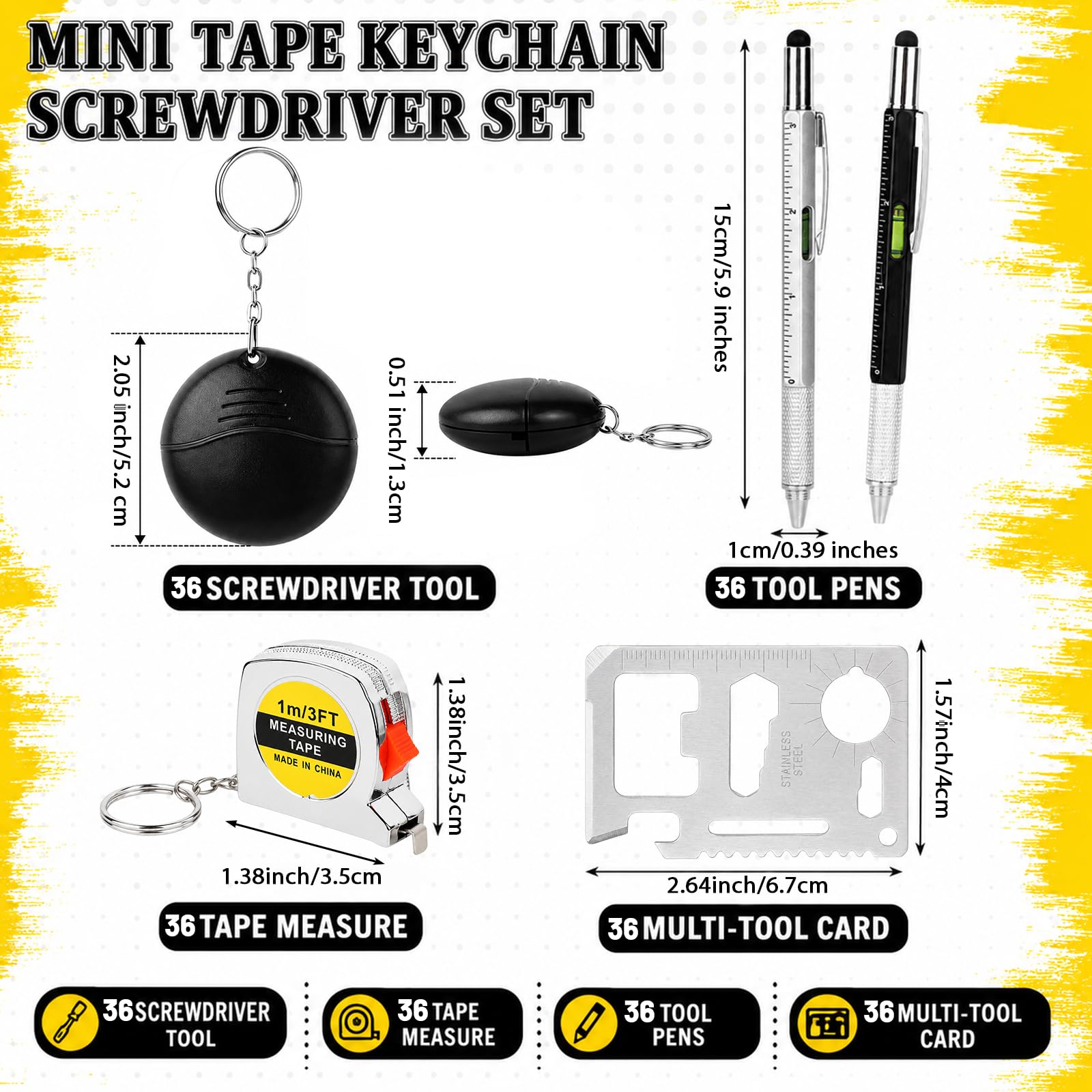 36-teiliges Mini-Maßband-Set, 144-teilig, Schlüsselanhänger-Set, Großpackung, kleines Multitool mit Werkzeugstiften, Überlebens-Kreditkarten für Vatertag, Erwachsene, Männer, Werkzeug, Party-Geschenke