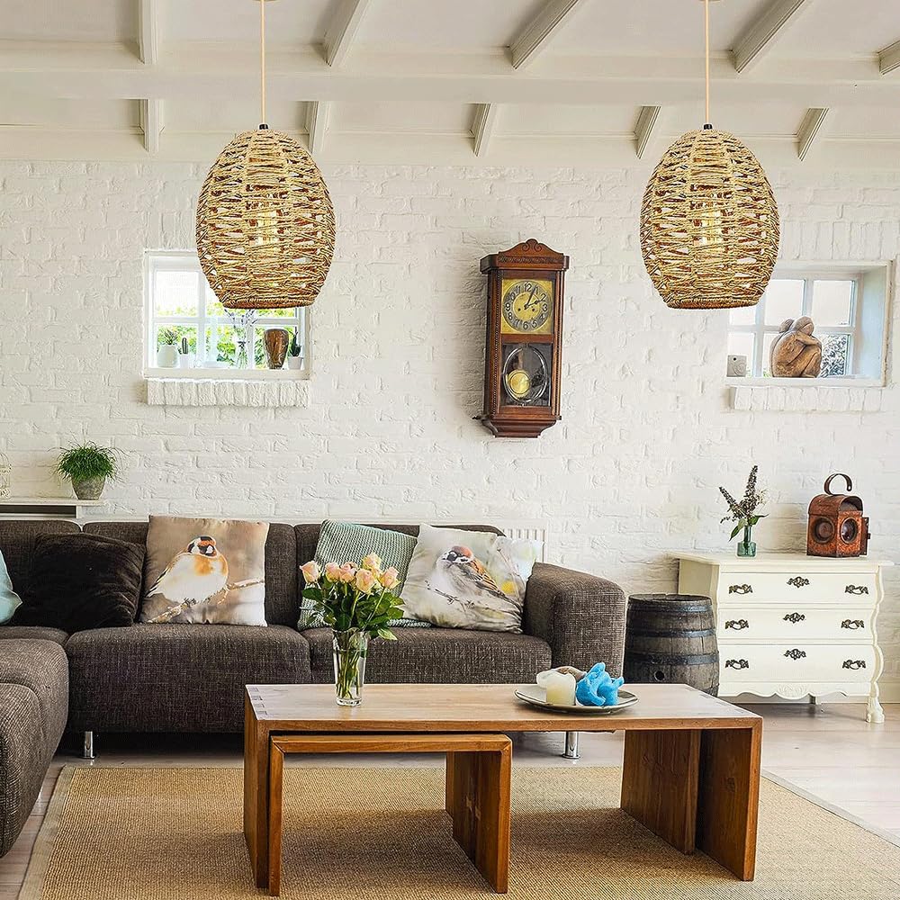 Wiklinowa Lampa Wisząca E27 Lampy Wiszące Rattanowa Lampa Wisząca Wiklinowy Tkany Kosz Abażur, Farmhouse Industrial Boho Sufitowa Oprawa Oświetleniowa Do Salonu Wyspa Kuchenna CJSLXGBL