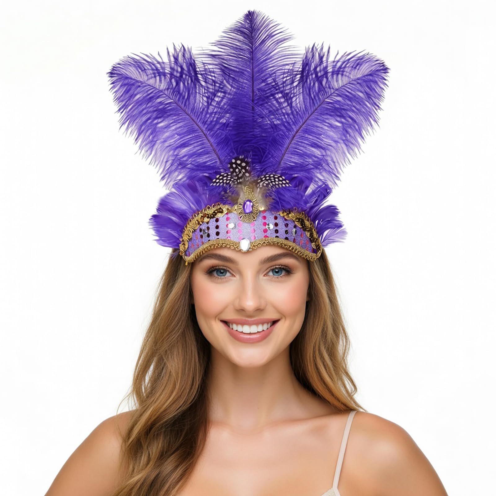 NUXMAW Showgirl Feather Headpiece Carnival Headband Vegas Costume Accessories Rio Mardi Gras Party (Purple) — image 1