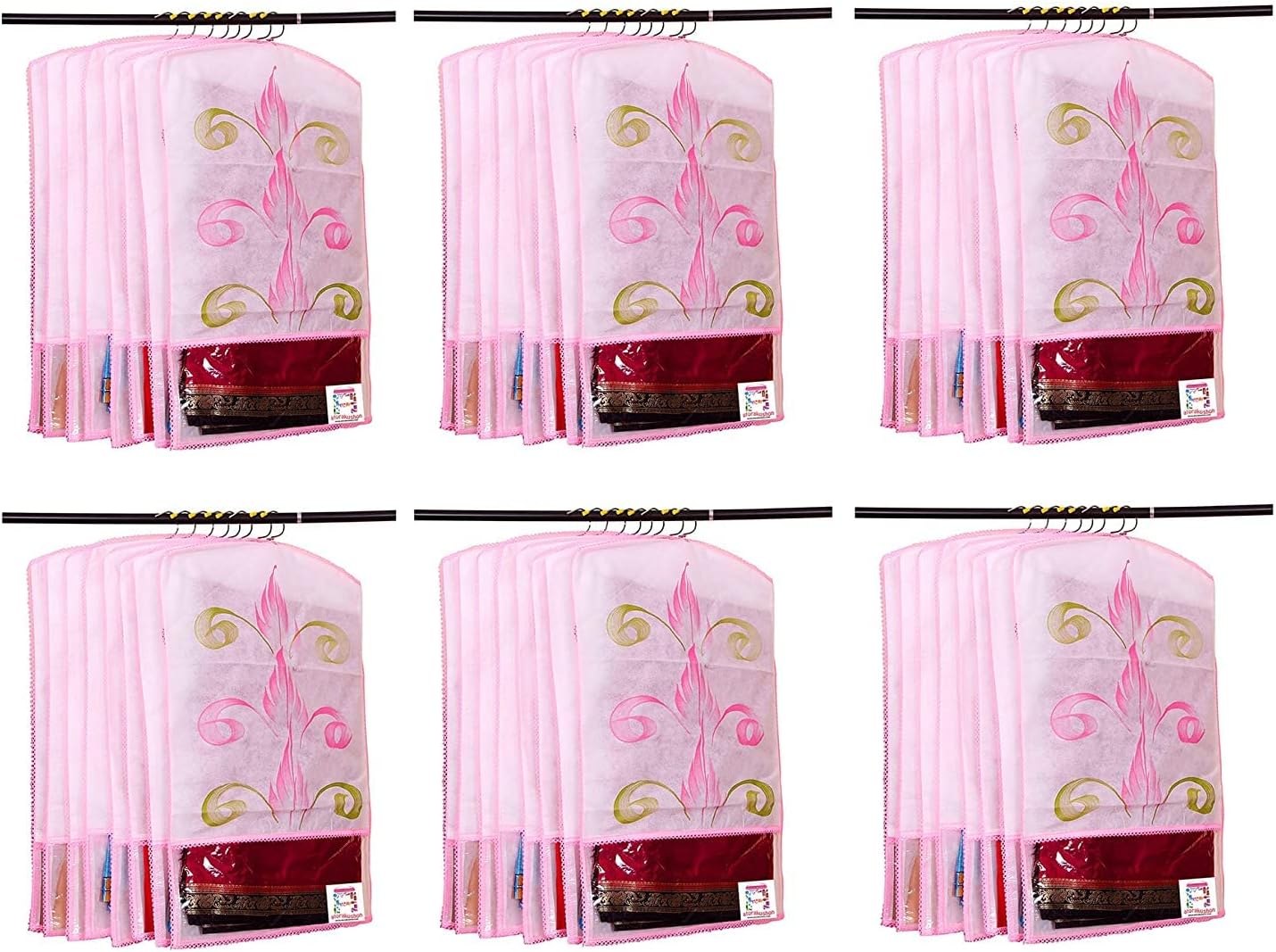 atorakushon Printed Fabric Material Saree Cover Front Side Transparent Hanging Cloth Wardrobe Organiser for Storage Rack Garment Pack of 36 Pcs