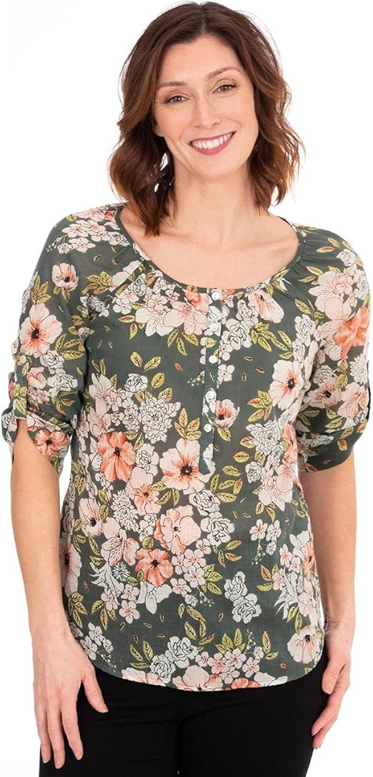 Klass Women's Printed Cotton Top with Three Quarter Length Sleeves
