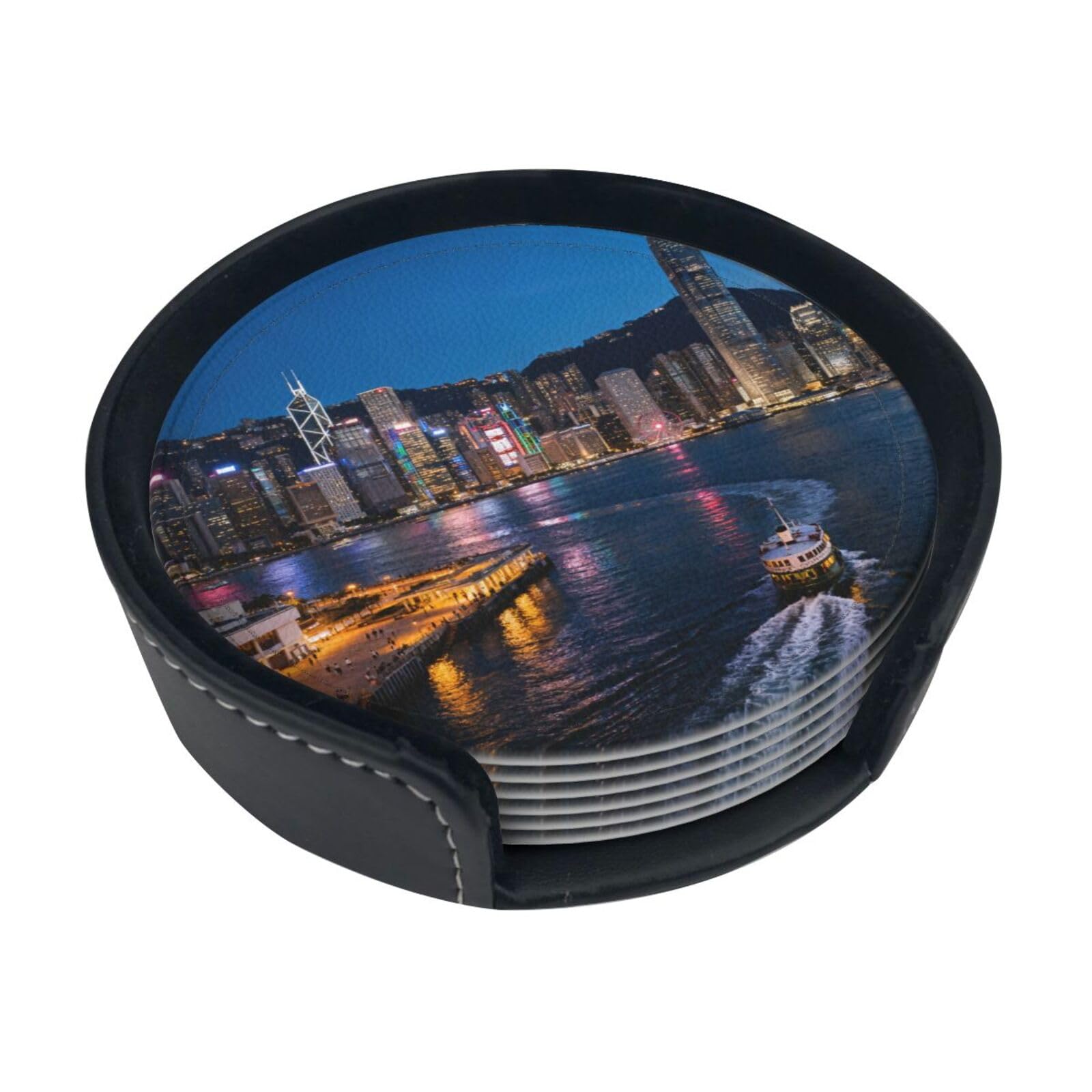 Hong Kong night view Leather Coasters-Set of 6 with Storage Holder