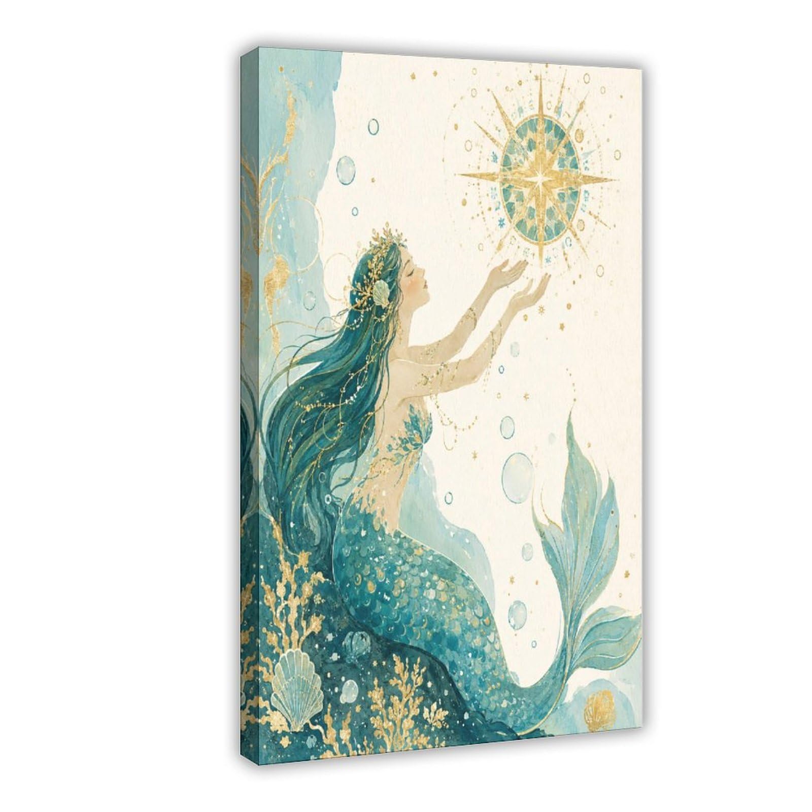 W7c8u2x3 Frame-Style-19 Mermaid With Golden Sun Canvas Wall Art, Watercolor Office