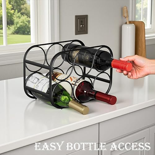 Miniatura 2 de Buruis Estante de vino para 6 botellas, soporte de metal moderno para encimera de vino, para cocina, despensa y armario, no requiere montaje, negro