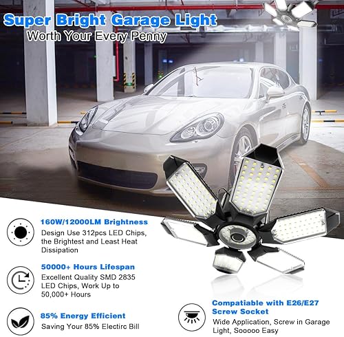 Miniatura 2 de Luz LED de garaje  Luz LED de techo de garaje de 160 W, 16000 lúmenes, 6500 K, iluminación de garaje súper brillante con 6 paneles deformables para