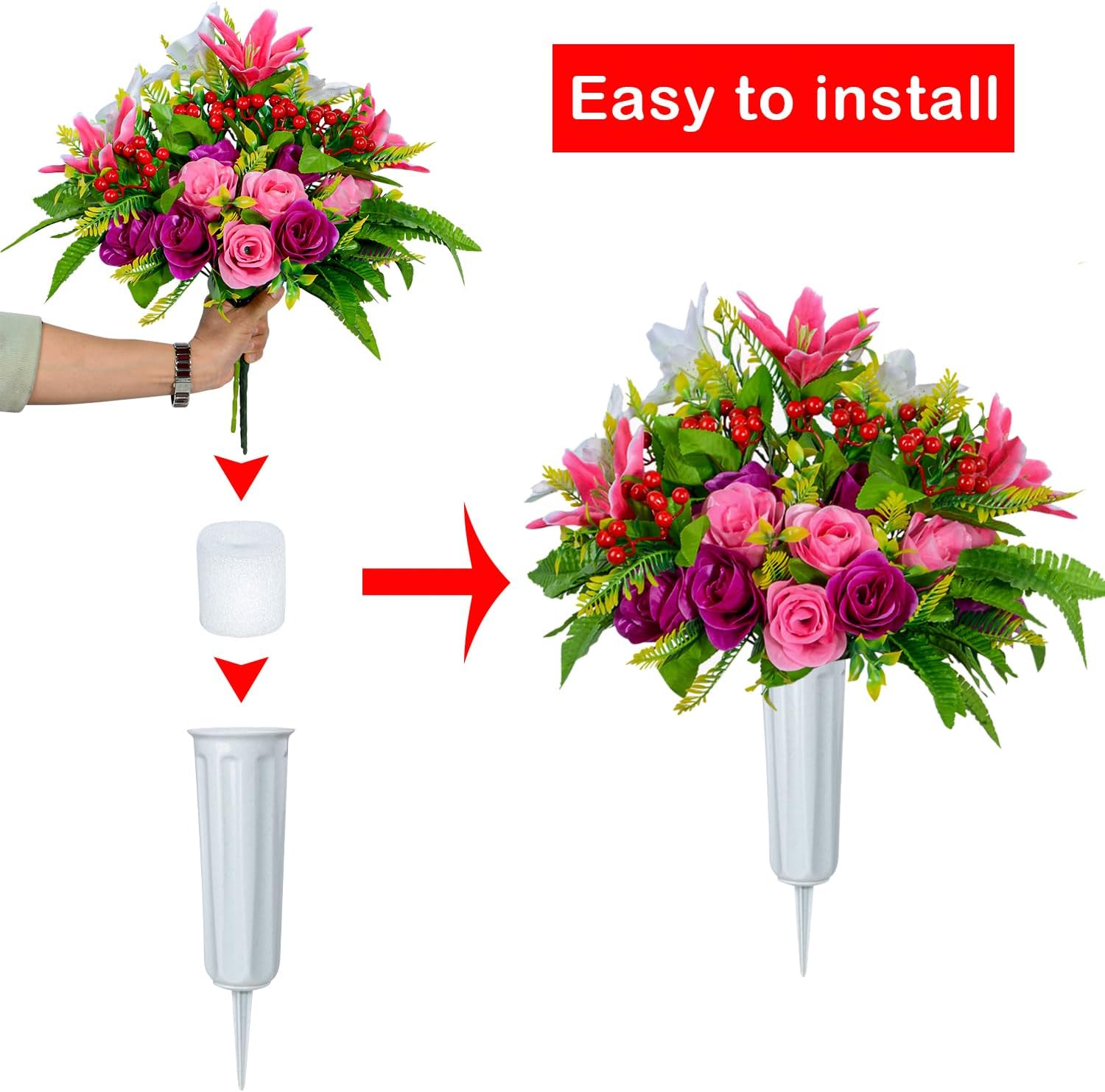XONOR Artificial Cemetery Flowers with Vase, Set of 2 Artificial Rose Lily Bouquet Graveyard Memorial Flowers for Cemetery Headstones Decoration - Image 3