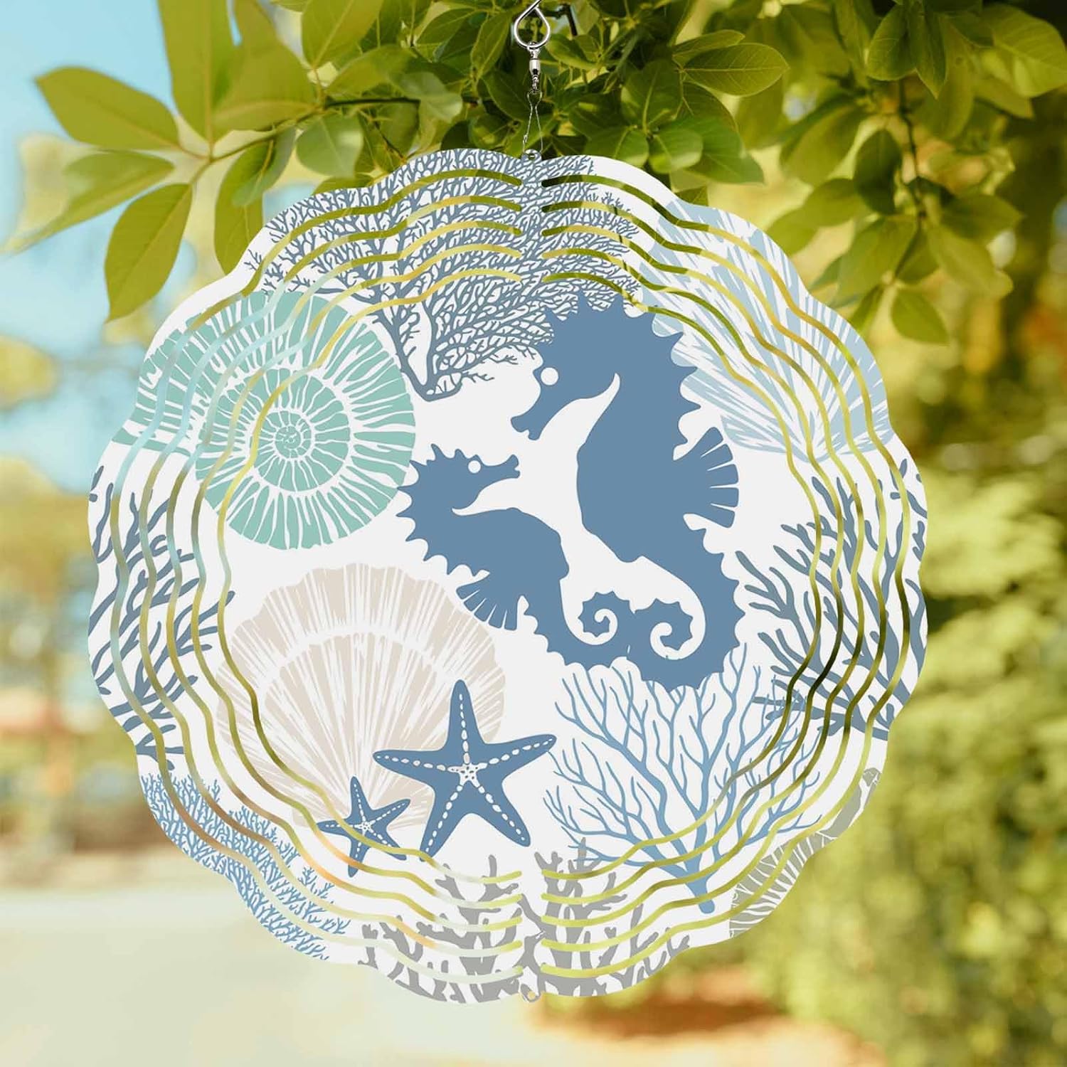 Coastal Blue Seahorse Starfish Wind Spinner for Garden Yard 3D Stainless Steel Hanging Wind Spinners, Ocean Starfish Coral Shell Conch Spinners Outdoor Metal Decor for Lawn Patio Home