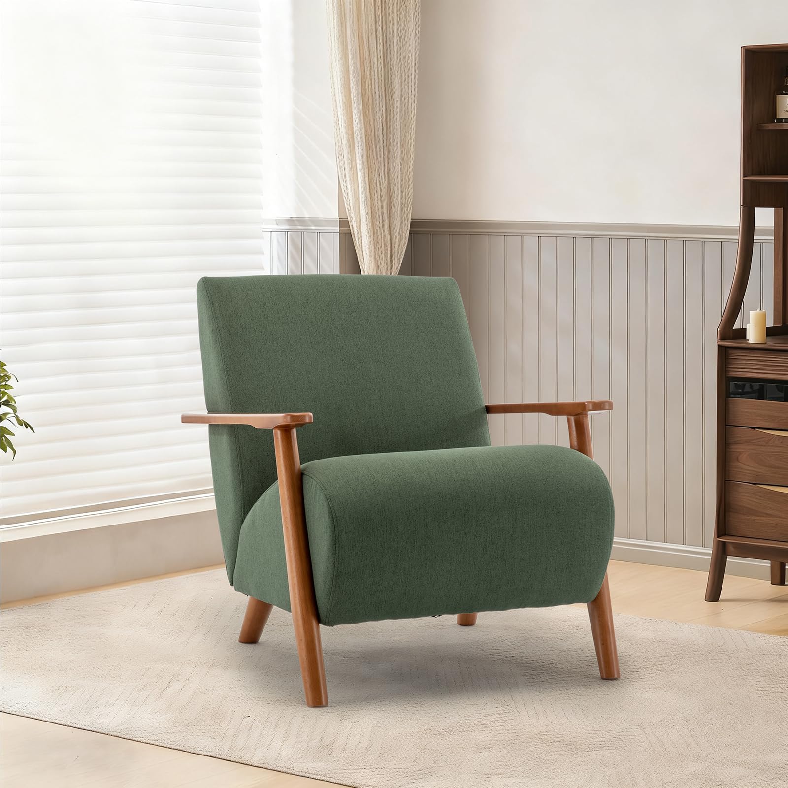 TQHOQ Modern Accent Armchair for Living Room, Upholstered Linen Lounge Chair with Solid Wood Frame (Green, 1PCS)
