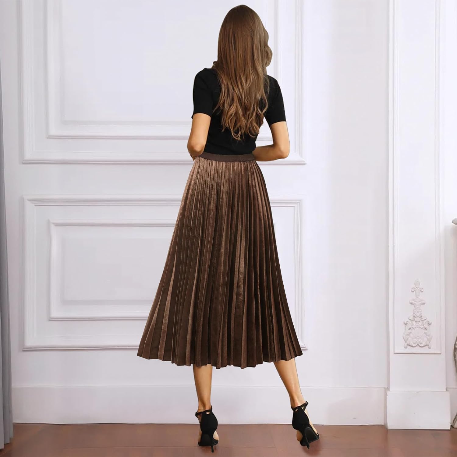 GOOBGS Women's Pleated A-Line High Waist Swing Flare Midi Skirt - Image 3