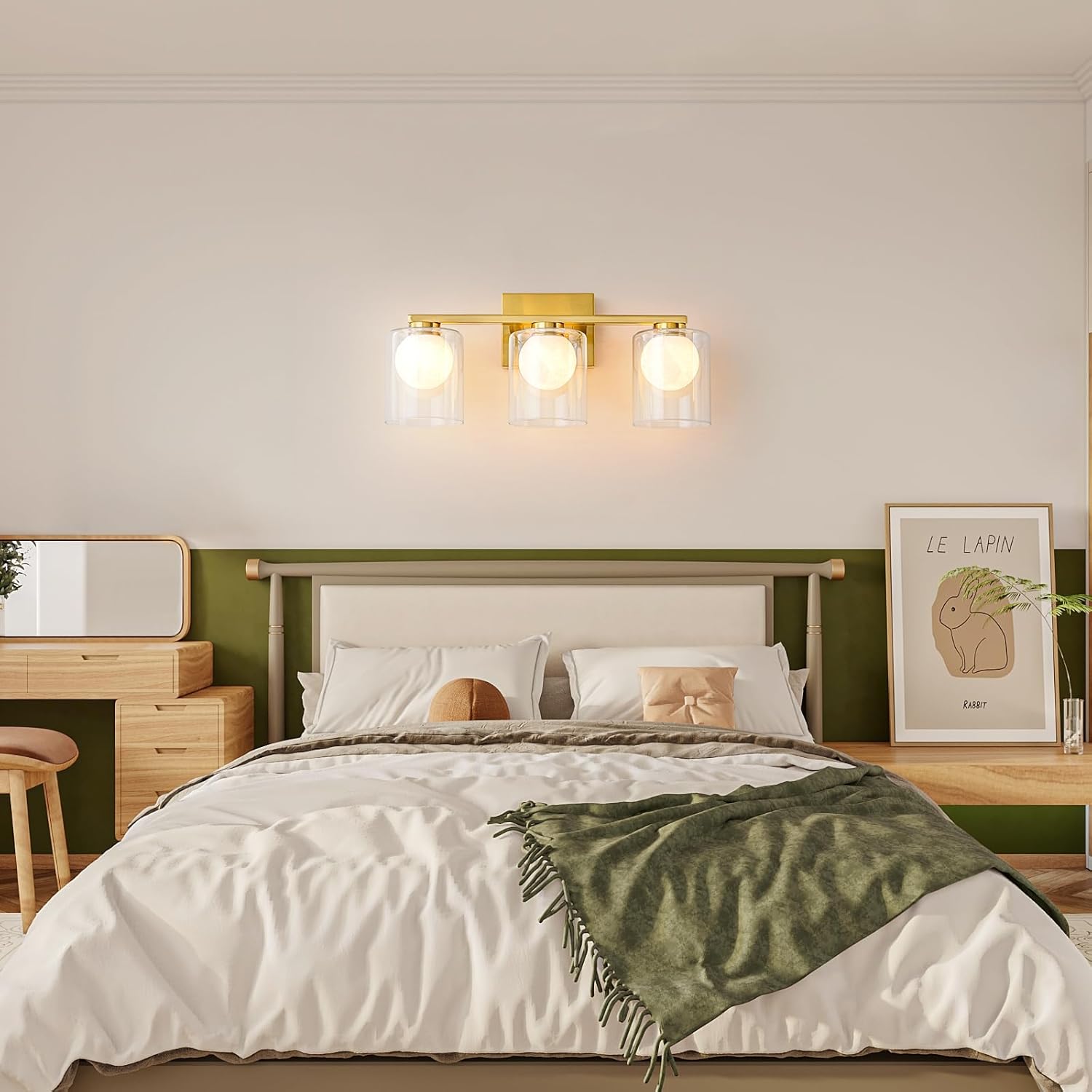 WILON 3 Light LED Wall Sconce, Brass Modern Vanity Lights with Double Lamp Shade, Bathroom Vanity Lights Over Mirror, Wall Lights for Living Room Hallway Kitchen Staircase Corridor