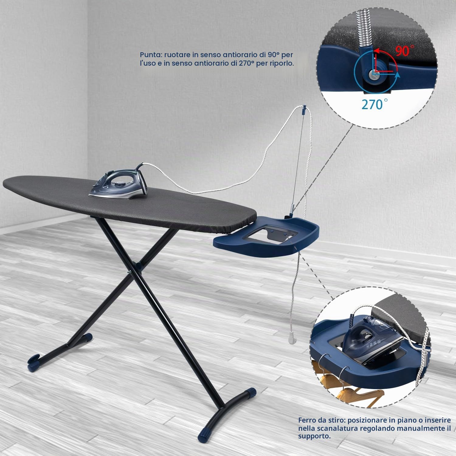 Duwee - Asse da stiro extra larga con ruote, asse da stiro extra larga per ferri con generatore di vapore, gambe robuste e pieghevoli, imbottitura in feltro da 10 mm, nera, 135 x 46 cm