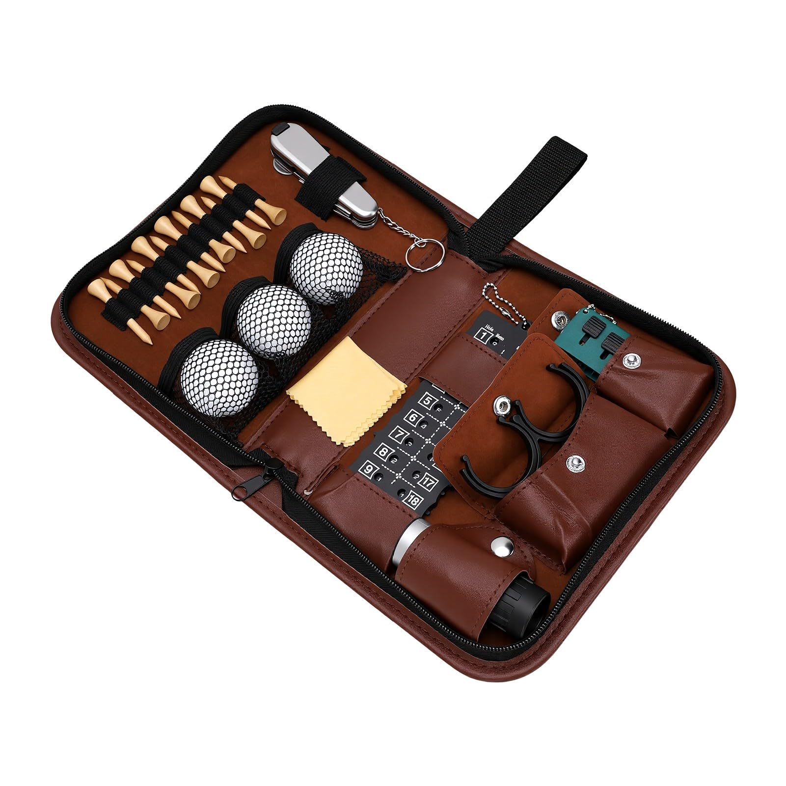 SIXRUN Golf Tee Set, Golfzubehör mit PU Leder Tragetasche, 3 Bälle und 12 | Verschleißfester Organizer, Tragbare Golftasche mit Bürste und Entfernungsm.