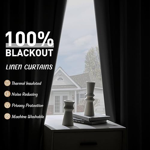 Miniatura 6 de UHITECH Cortinas 100% opacas para dormitorio de 84 pulgadas de largo, juego de 2 paneles de cortinas blancas texturizadas de lino negro para sala de