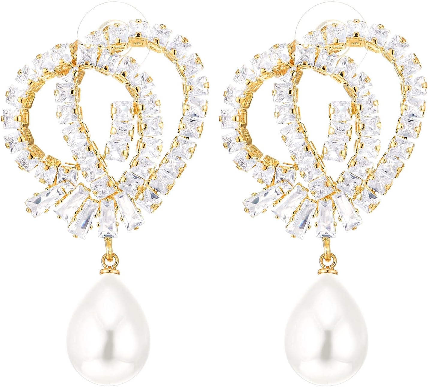 Gold Color Crystal Loop Drop Earrings with Teardrop Pearl Dangle Rhinestone Statement Earrings Party