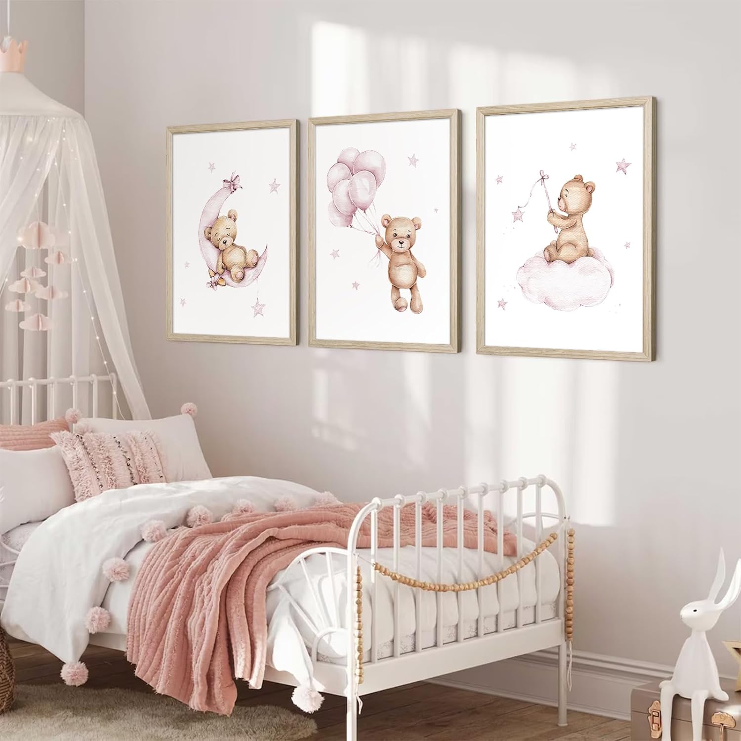 Bear Nursery Wall Art Decor Teddy Bear Wall Art Baby Girl Canvas Wall Decor Pink Pictures Balloon Nursery Children Prints Artwork Moon Star Cloud Art for Boys Room Bedroom 12x16x3 Inch Wood Framed