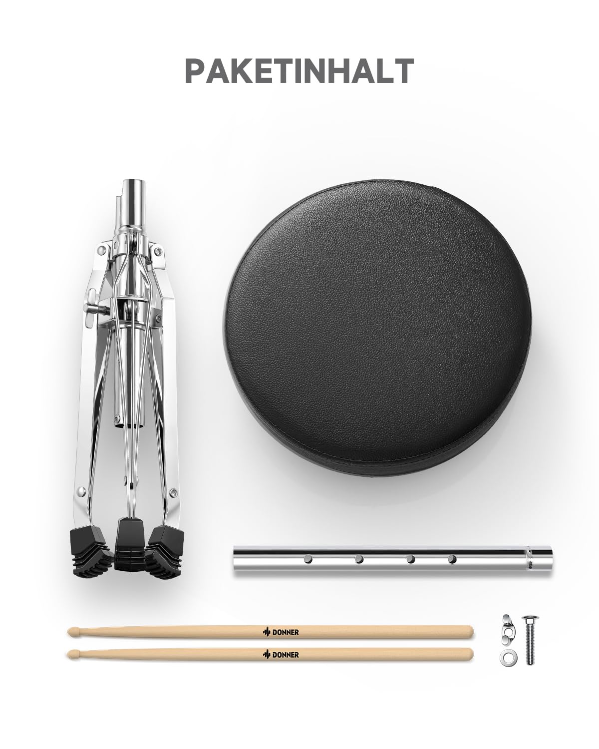 Donner Drumhocker mit Ahorn Holz Drumsticks, Schlagzeughocker Höhenverstellbar 48-58 cm für Elektronisches Schlagzeug, Drum Set, Maxi Belastung 90 kg