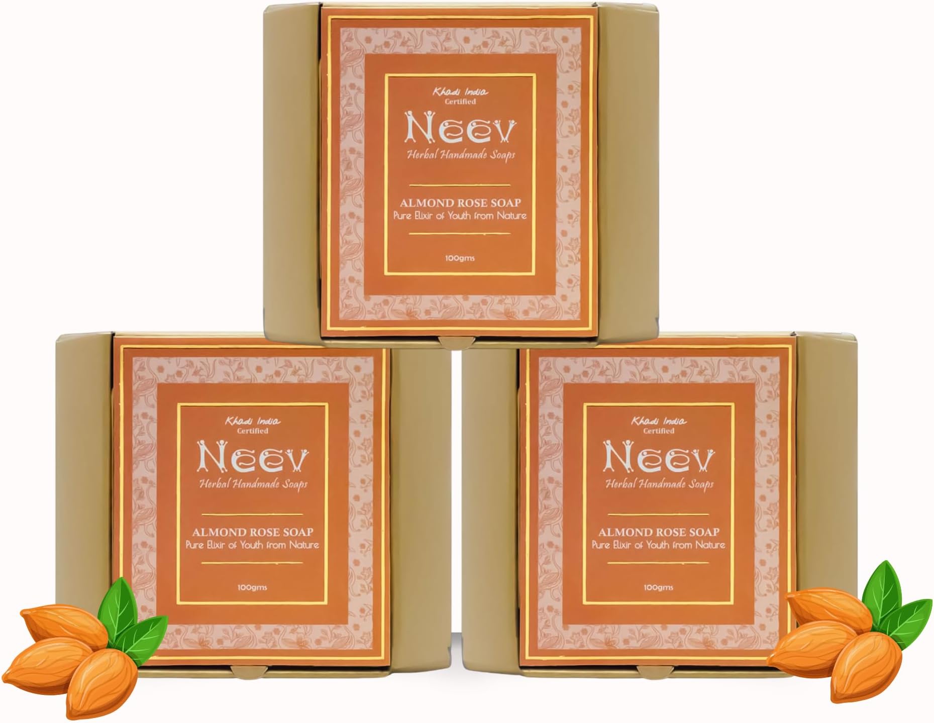 Neev Almond‑Rose Soap Bar Set – 3 × 100 g, Nourishing & Moisturising for Dry Skin, Handmade Herbal