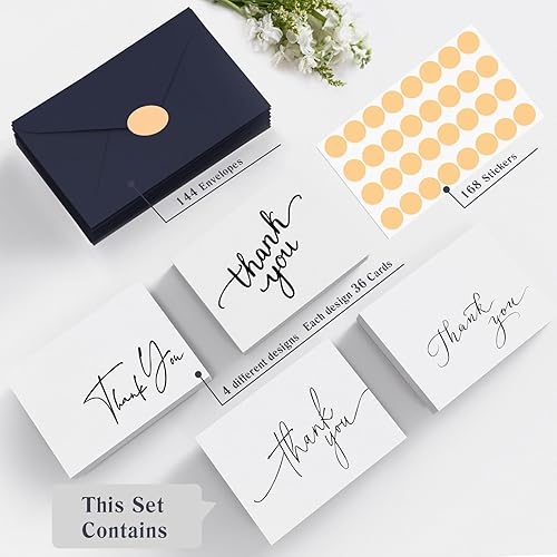 Miniatura 2 de Goefun Tarjetas de agradecimiento con sobres, paquete de 144 notas de agradecimiento en blanco de 4 x 6 pulgadas, color azul marino, diseños únicos