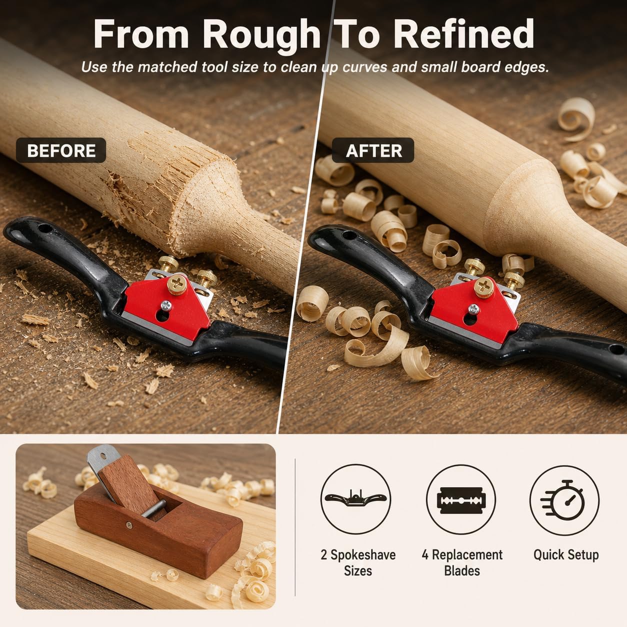 QWORK 2 Pcs Adjustable Spokeshave Woodworking Set, 10" and 9" Spoke Shave with Flat Base, 4 Replacement Cutters & 1 Mini Wood Plane, Heavy Duty Hand Tools for Wood Carving, Shaping & Furniture