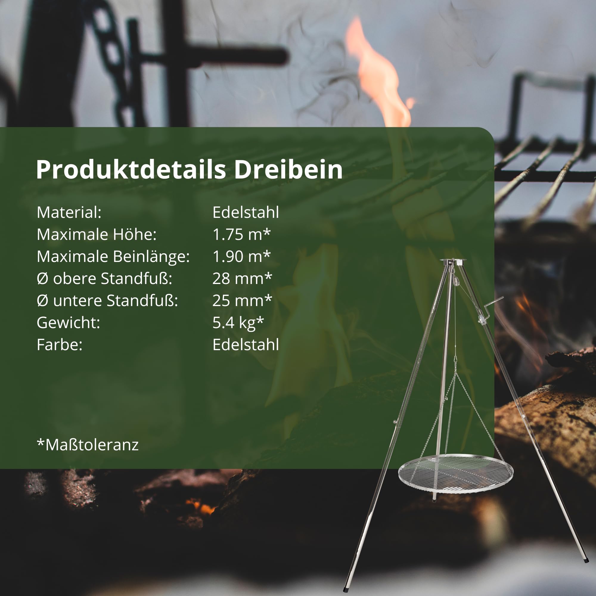 HeRo24 Trípode de acero inoxidable giratorio para barbacoa, altura regulable, con manivela, incluye cadena, gancho, eslabón giratorio y bolsa de transporte, estructura estable para barbacoa, para