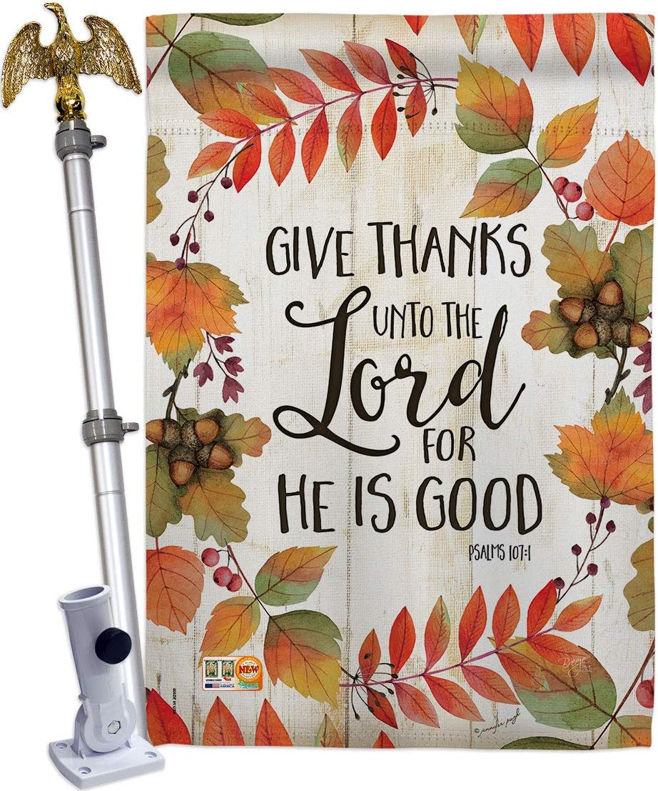 Give Thanks Unto the Lord House Flag Falltime Thanksgiving Turkey Gobble Pumpkin Season Autumntime Cornucopia Small Decorative Gift Yard Banner Made In USA 28 X 40