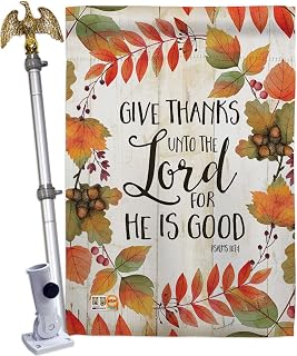 Give Thanks Unto the Lord House Flag Eagle Set Falltime Thanksgiving Turkey Gobble Pumpkin Season Autumntime Cornucopia Small Decorative Gift Yard Banner Made In USA 28 X 40
