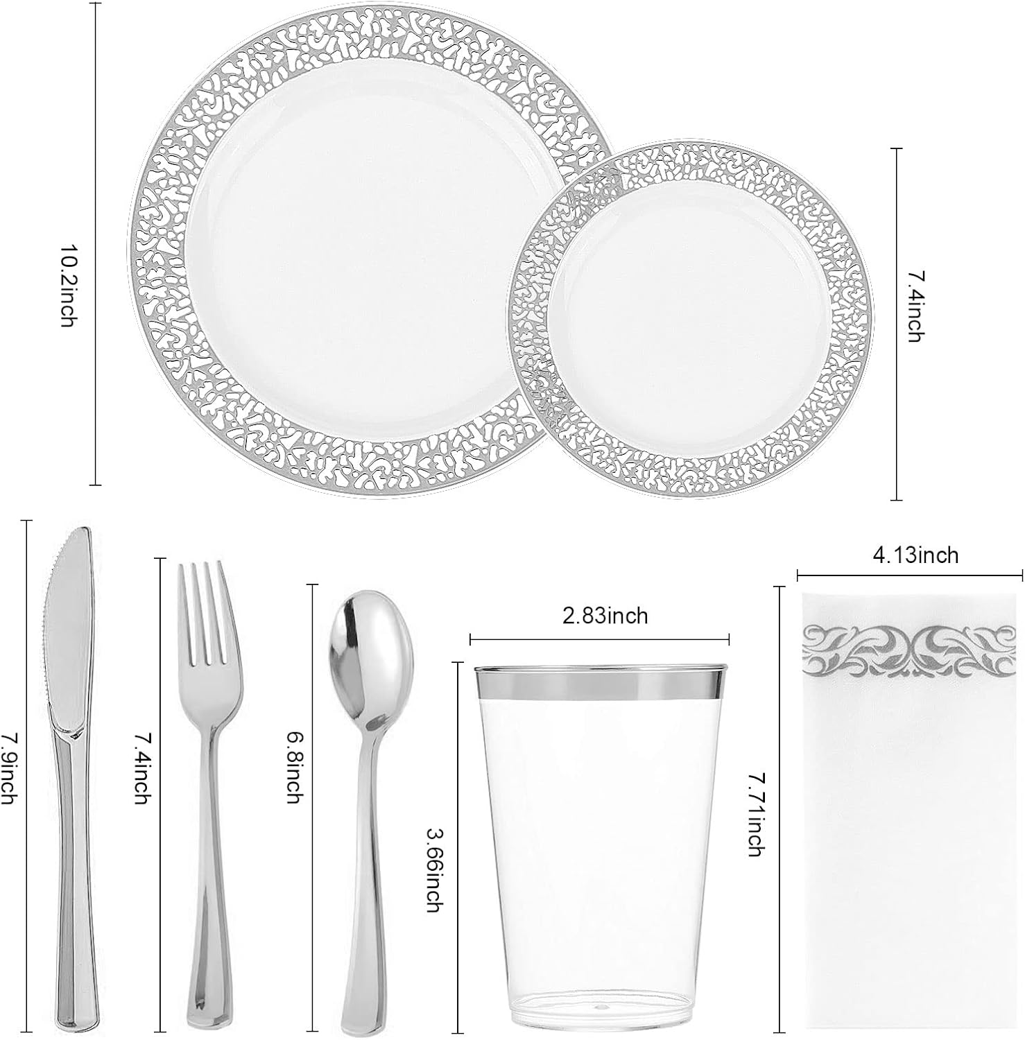 BAYZZ 175Pcs Silver Dinnerware Set, 50 Silver Lace Design Plastic Plates - 25 Silver Plastic Silverware - 25 Silver Cups - 25 Linen Like Silver Napkins, 25 Guest Disposable Dinnerware Set,For Wedding