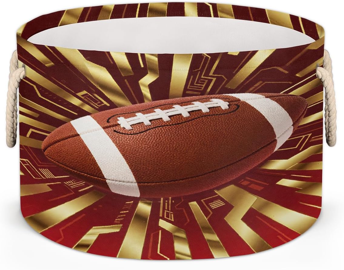 Large Storage Baskets - Red Gold Football Nursery Round Collapsible Organizer Bin Box, Laundry Hamper for Kids Toys, Blanket, Bedroom Living Room Home Decor, Gift Basket, 19.4"x13.3"