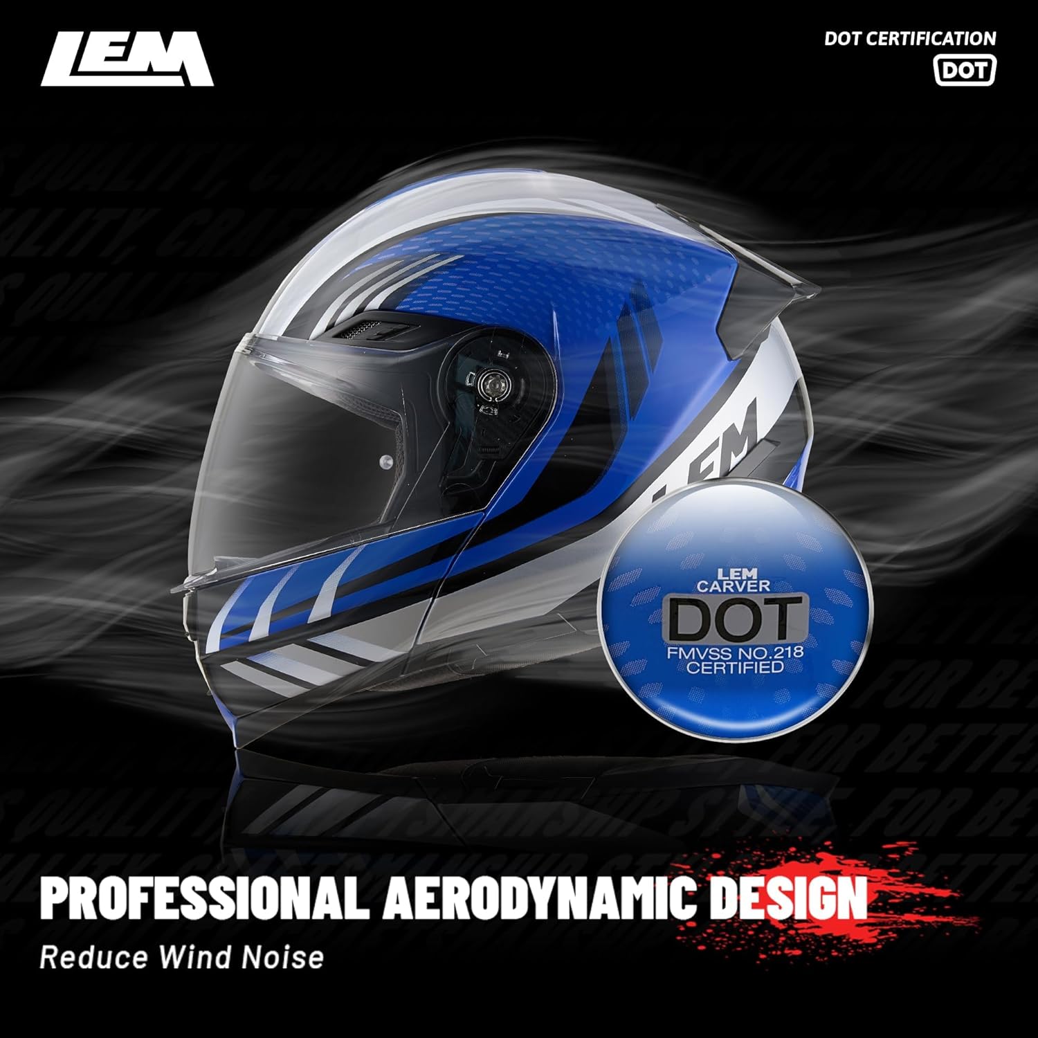 LEM Modular Motorcycle Helmets Fiberglass, Full Face Motorcycle Helmet Flip Up for Touring, DOT Certified, Release Sun Visor & Removable Comfort Liner, Lightweight Street Bike Helmet (Blue, XL)