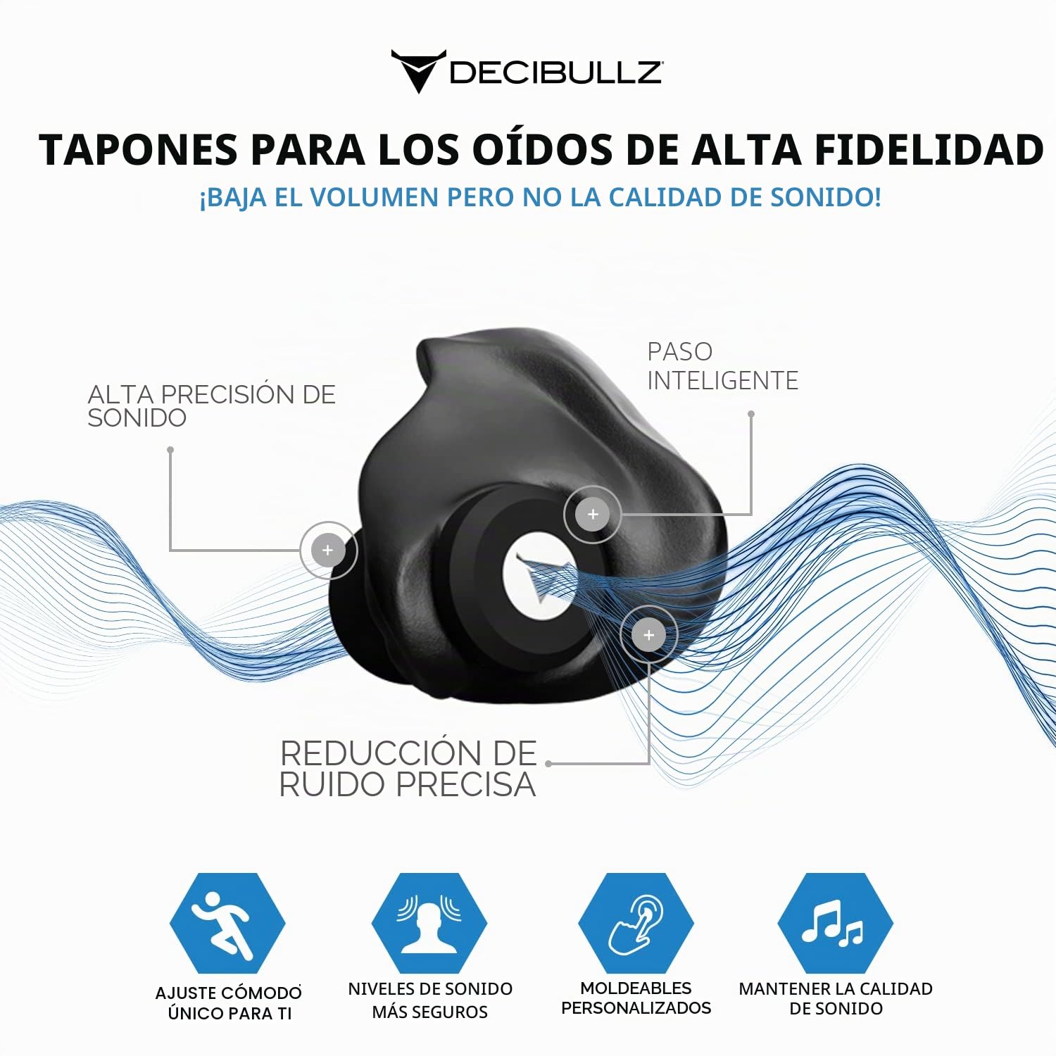 Decibullz Filtros de tapón para los oídos moldeados personalizados de alta fidelidad (Hi-Fi) para conciertos y eventos (negro)
