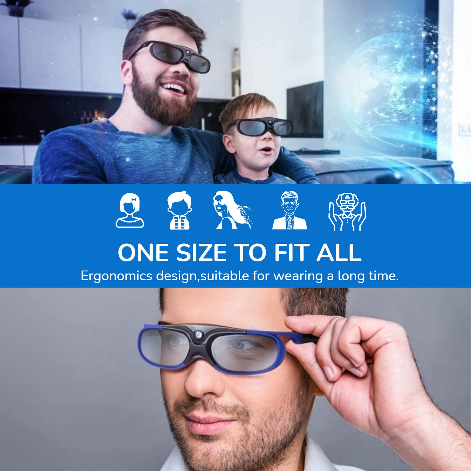 Cuifati DLP Link 3D-Brille, Wiederaufladbare Active Shutter-Brille mit 144 Hz für Alle DLP Link 3D-Projektoren, für XGIMI ZX4 H1, für JMGO G1 G3 X1, für, für Acer, für Optoma, für